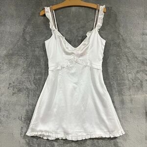 Sugar Thrillz White Satin Slip Mini Dress Jewel Gem Straps Ruffle Hem Sz M